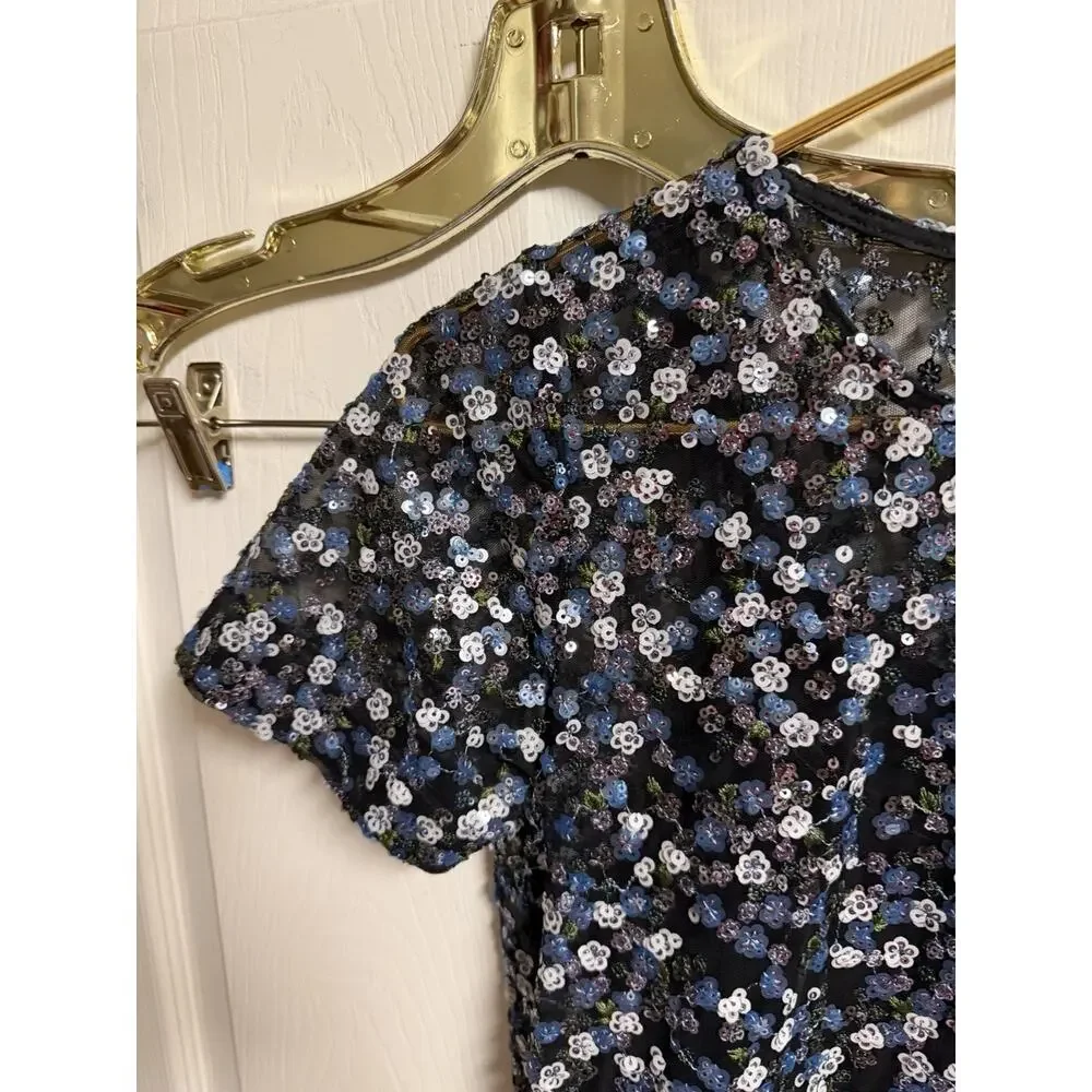 Michael Michael Kors Black Silver Blue Sequinned Sheath Cocktail Dress XS 32x33